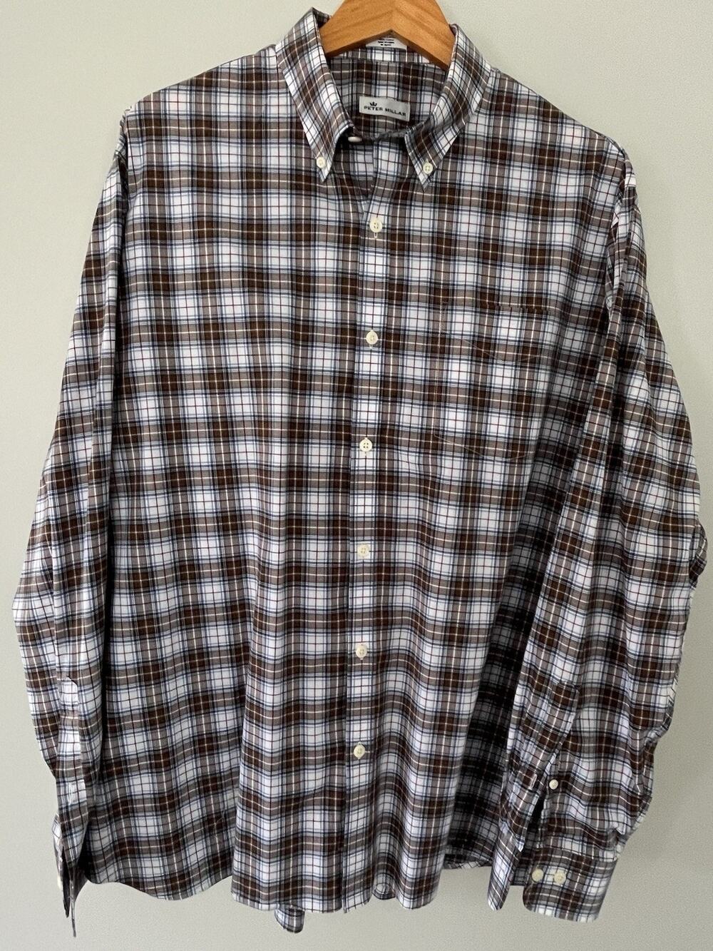 Peter Millar Brown Plaid Poplin Shirt Mens XL